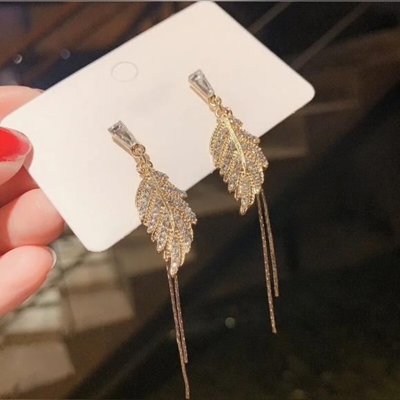 Gold-plated Crystal Leaf Drop earrings with silver post BOGO - Picture 9 of 12